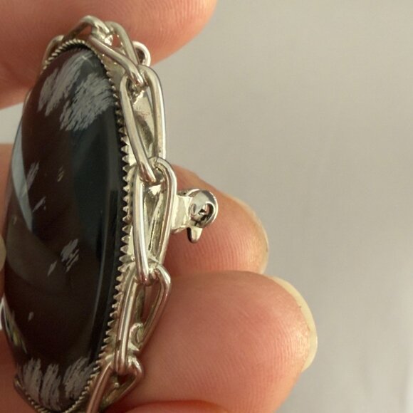 Vintage Brooch Pin Pendant Oval Snowflake Obsidian Stone Silver Tone - Picture 10 of 11